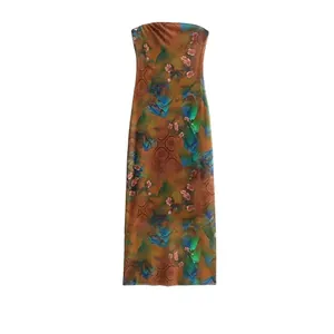 Damen Chinesischer Retro-Stil Landschaft Blumen Druck Netzgewebe Bandeau Maxikleid Ärmellos Schlanke Passform Orientalische Schlauchkleid