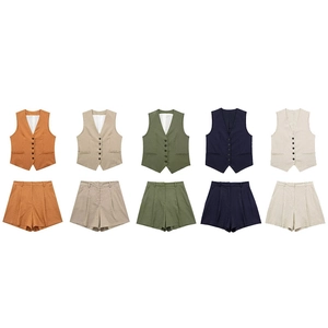 Linen blend vest and shorts sets in orange, khaki, olive, navy, and off-white colors