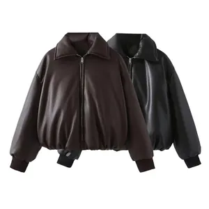 Women Casual PU Leather Padded Jacket Oversized Bread Coat Lapel Zipper Short Thick Warm Faux Leather Outerwear For Winter