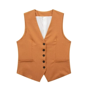 Close-up of caramel linen-blend waistcoat featuring V-neck and five-button closure