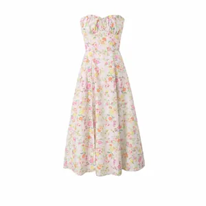 Robe Bustier Femme Décontractée Imprimé Fleuri Coton Sans Manches Volants Ligne A Robe Midi pour Vacances d'Été Rose