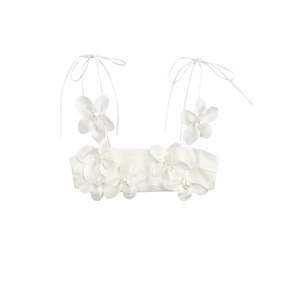 White floral strap top for women with 3D flower decoration and adjustable bow tie straps