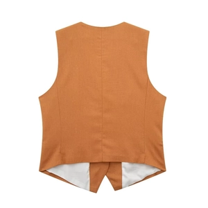 Detailed back view of a caramel linen blend vest showing symmetrical cut and pointed hem