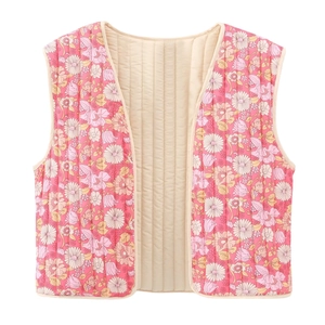 Gilet réversible matelassé en coton pour femme avec imprimé floral rose et surpiqûres
