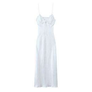 White satin midi dress with ruffle trim, tiered hem and bow detail for summer