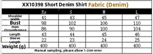 Detaillierte Größentabelle für Damen-Jeanshemden mit Maßen für die Größen XS bis L