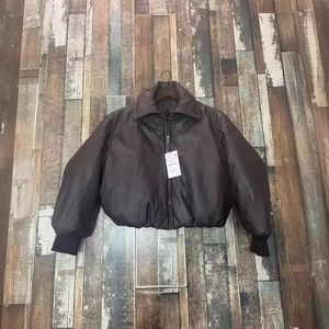 Men's dark brown faux leather puffer jacket with ribbed cuffs and zip-up collar style
