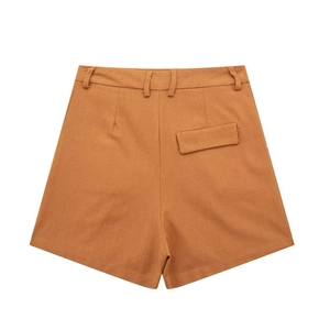 Detail view of khaki high-waisted linen blend shorts with back pocket and belt loops