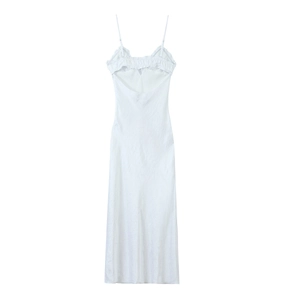 Elegant white satin midi dress with thin straps and ruffled open back detail