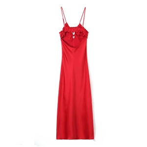 Elegant red satin midi dress featuring delicate spaghetti straps and cutout details