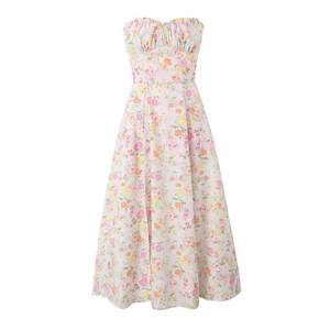 Robe longue bustier pour femme en rose clair avec imprimé floral orange et jaune