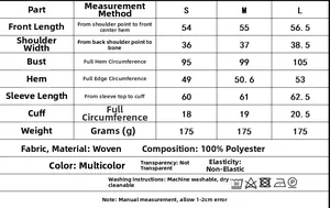 Detailed size chart for women's animal print blouse featuring measurements from S to L