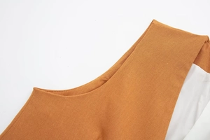 Detailed view of caramel linen blend sleeveless top showing high-quality stitching and texture