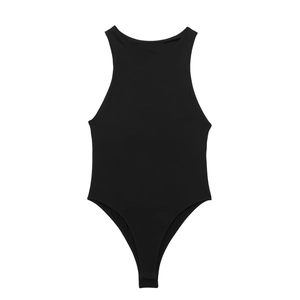 Women's 2024 summer basic sleeveless halter neck bodysuit in solid black ribbed fabric
