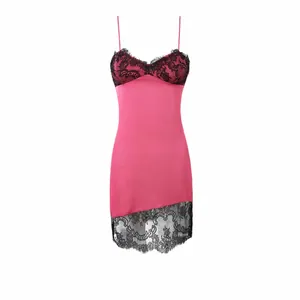 Robe Nuisette Sexy en Satin et Dentelle Style Français Femme Col en V Bretelles Spaghetti Rose Noir Mini Robe Moulante Été