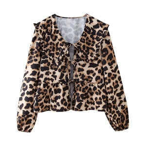 Women's leopard print long sleeve shirt with ruffle collar and bow ties for summer