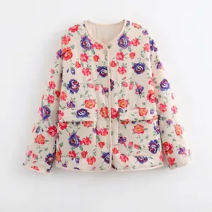 Damen Vintage Rose Blumendruck Steppjacke Rundhals Langarm Einreihig Lässig Baumwolle Wattierter Mantel Mit Taschen