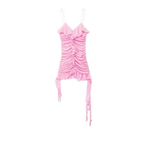 Vestito Mini Arricciato Sexy da Donna Rosa con Spalline Sottili Scollo a V Volant Abito Estivo per Vacanza Festa Bodycon Corto