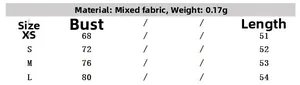 Size guide table for women's satin top showing measurements from XS to L in centimeters
