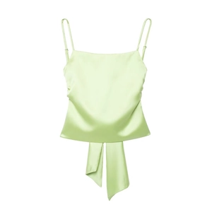 Elegant light green satin camisole top with thin straps and stylish ribbon hem detail