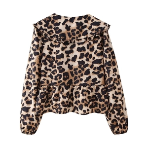 Women's leopard print long sleeve shirt with ruffle collar and elastic cuffs in 2024 style