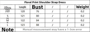 Detailed size chart for floral strap dress with measurements for lengths and busts