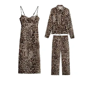 Femme Sexy Imprimé Léopard Motif Animal Polyester Chemise Manches Longues Top Pantalon Droit Bottom Et Robe Midi Top And Bottom