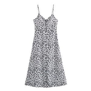Women's summer floral spaghetti strap dress with V-neckline and button front design