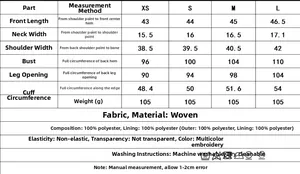 Detailed size chart for sleeveless embroidered vest with 100% polyester fabric details
