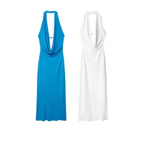 Women Sexy Halter Neck Backless Ruched Maxi Dress Deep V Neck Sleeveless Summer Vacation Night Club Party Long Dress