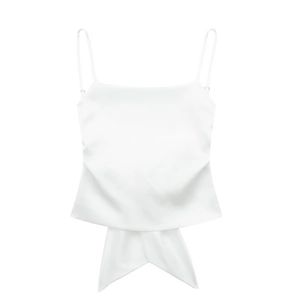 Elegant white satin camisole top featuring thin straps and stylish back bow tie detail