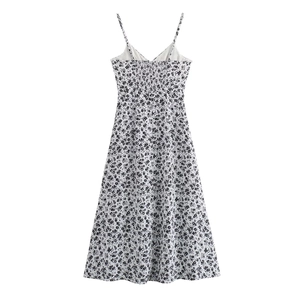 Summer floral spaghetti strap midi dress with V-neck and shirred elastic back detail