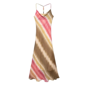 Abito midi estivo da donna tie-dye con spalline sottili e scollo a cappuccio rosa e giallo