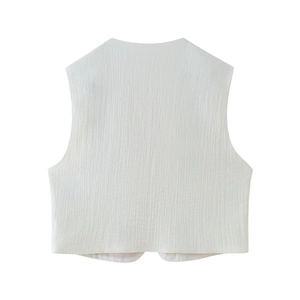 Minimalist white sleeveless vest for women with vertical pleated texture and back view
