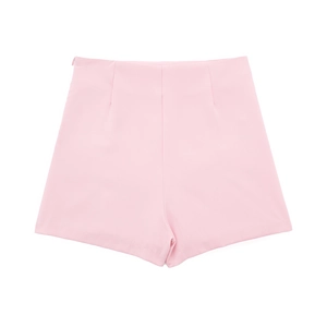 Short rose taille haute en satin avec fermeture éclair latérale en vue à plat épurée