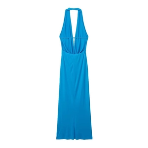 Elegant bright blue halter neck backless long dress with slim fit for summer vacations