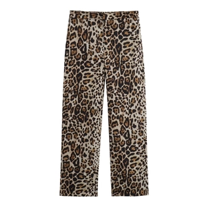 Pantalon droit taille haute à imprimé léopard d'été sur fond blanc avec fermeture