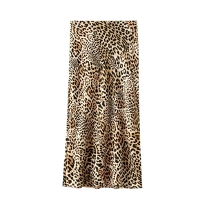 Women's 2024 summer high-waisted leopard print satin midi skirt shown in a flat lay view