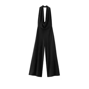 Tuta Intera Donna Elegante Nera Scollo all'Americana Gamba Larga Schiena Scoperta Crespone Senza Maniche Vita Alta Festa
