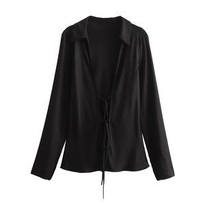 Women's black satin long sleeve shirt with bow front tie closure and classic collar