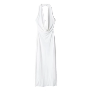 Elegant white halter neck pleated maxi dress with deep V-neckline and open back design