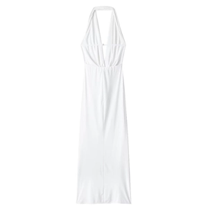 Elegant white pleated halter neck maxi dress with open back for summer vacations
