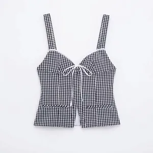 Women's Sexy Gingham Plaid Cropped Camisole Tank Top Slim Fit Heart Neckline With Bow Drawstring Summer Fashion Sleeveless Top