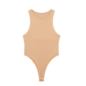 Minimalist beige sleeveless halter bodysuit with a high neckline and high-cut leg style