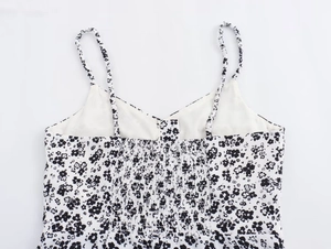 Detail of floral spaghetti strap dress with smocked elastic back and V-neckline design
