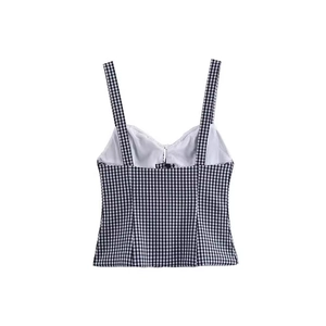 Classic black and white gingham camisole top with thin straps and ruffled neckline