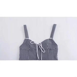 Women's summer black and white gingham corset top with heart neckline and lace-up details