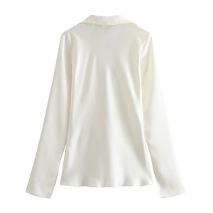 Back view of elegant white satin long sleeve shirt with a smooth silk texture finish