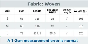 Size chart table for sleeveless knit dress showing S, M, L measurements and fabric details