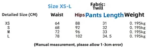 Detailed size chart for high waist asymmetric shorts showing XS to L in centimeters